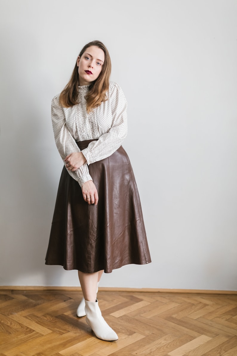 Vintage 80's brown leather skirt vintage leather midi Etsy