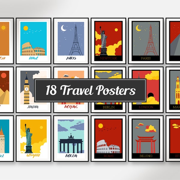 Minimal Travel Posters, Set of 18 Posters, Travel wall art, London, Paris, Rome, Marrakesh, NewYork, Berlin, Istanbul, Travel Illustration