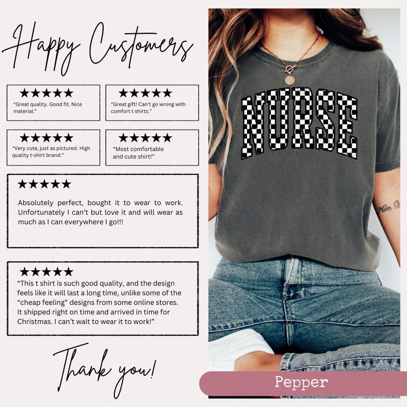 May include: A grey t-shirt featuring a black and white chequered "NURSE" graphic. The shirt is modelled on someone wearing blue jeans. Customer reviews are displayed with five-star ratings and positive comments about the shirt's quality, fit, and comfort.