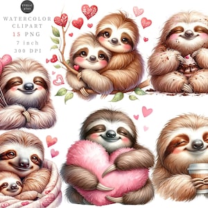 Sloth clipart, Valentines day clipart, Sloth clipart bundle, Love clipart, Animals clipart, Watercolor clipart