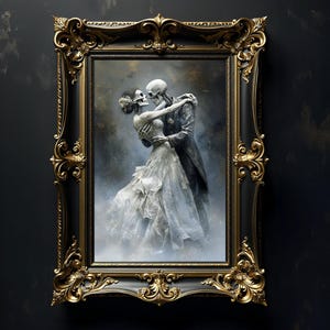 May include: An ornate, gold-framed artwork featuring a skeletal couple embracing in a romantic pose. The painting depicts a bride in a flowing white gown and a groom in a dark suit, set against a misty, atmospheric background. The frame is black with gold accents.