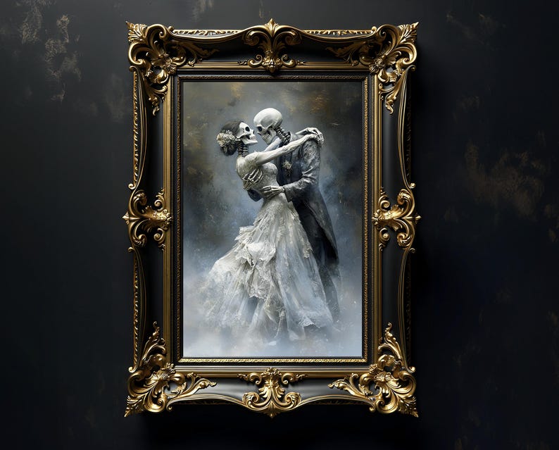 May include: An ornate, gold-framed artwork featuring a skeletal couple embracing in a romantic pose. The painting depicts a bride in a flowing white gown and a groom in a dark suit, set against a misty, atmospheric background. The frame is black with gold accents.