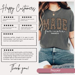 K&ouml;nnte beinhalten: Graues T-Shirt mit dem Schriftzug "MADE for more" in Leopardenmuster. Der Text "EPHESIANS 2:10" steht darunter. Das Shirt wird mit einer blauen Jeans getragen.