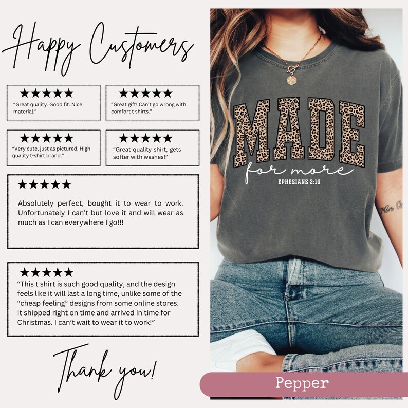 K&ouml;nnte beinhalten: Graues T-Shirt mit dem Schriftzug "MADE for more" in Leopardenmuster. Der Text "EPHESIANS 2:10" steht darunter. Das Shirt wird mit einer blauen Jeans getragen.