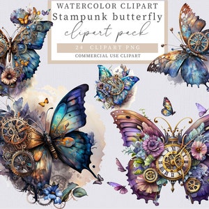 Steampunk butterfly clipart, Butterfly clipart, Steampunk clipart, Watercolor Steampunk PNG, Butterfly Clipart Bundle, Butterflies PNG,