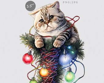 Cat Tangled Up clipart, Christmas clipart, funny clipart, Cat clipart, Cat on tree clipart