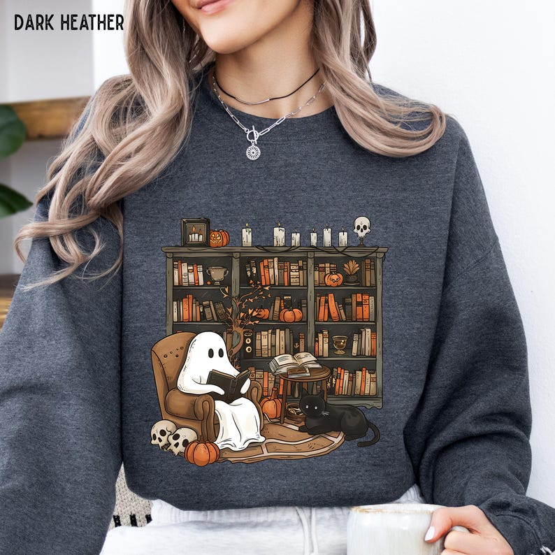 Retro Ghost Reading Books Sweatshirt, Librarian Ghost Halloween