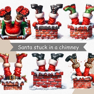 Christmas clipart, Santa stuck in a chimney clipart, Santa clipart, Watercolor clipart, Funny clipart, Winter clipart