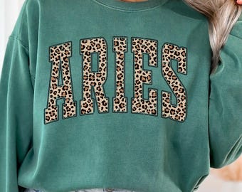 Comfort Colors® Leopard Aries Sweatshirt, Aries Sweatshirt, Gift For Aries, Zodiac Sweatshirt, Horoscope Sweatshirt, Birthday Sweatshirt