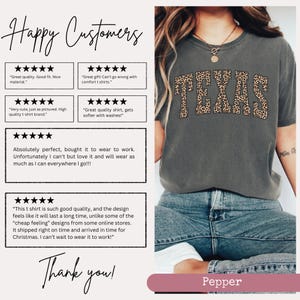 May include: A dark green t-shirt with the word "TEXAS" in large, leopard print letters. The shirt is worn with blue jeans. The image also includes customer reviews and the word "Pepper" at the bottom.