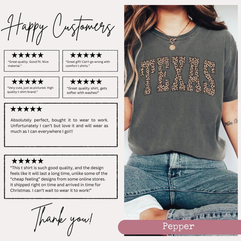 May include: A dark green t-shirt with the word "TEXAS" in large, leopard print letters. The shirt is worn with blue jeans. The image also includes customer reviews and the word "Pepper" at the bottom.