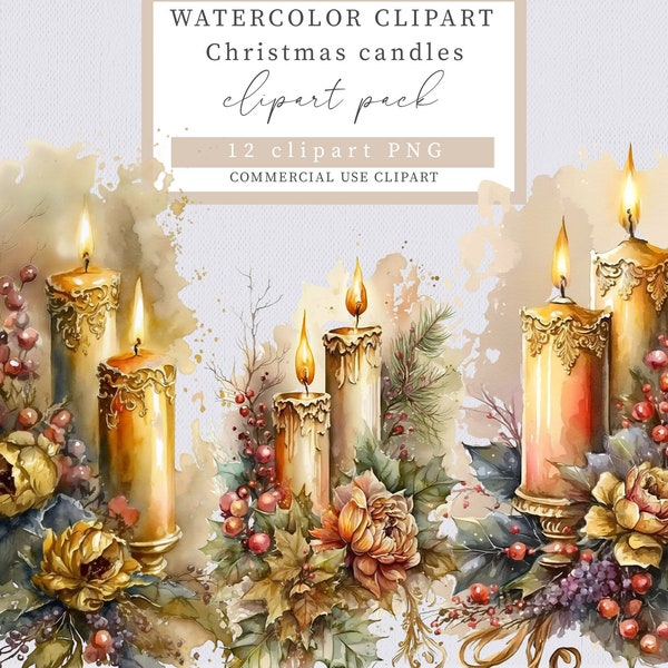 Candle clip art, Christmas candle clip art,  Christmas clip art, Winter clip art, Holiday clip art, Watercolor candle clip art
