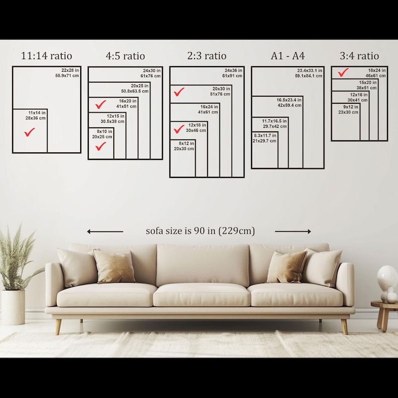 May include: Diagram showing various picture frame sizes and ratios, including 11:14, 4:5, 2:3, A1-A4, and 3:4. Measurements are provided in inches and centimeters. A sofa, approximately 90 inches (229cm) wide, is shown below the diagrams.