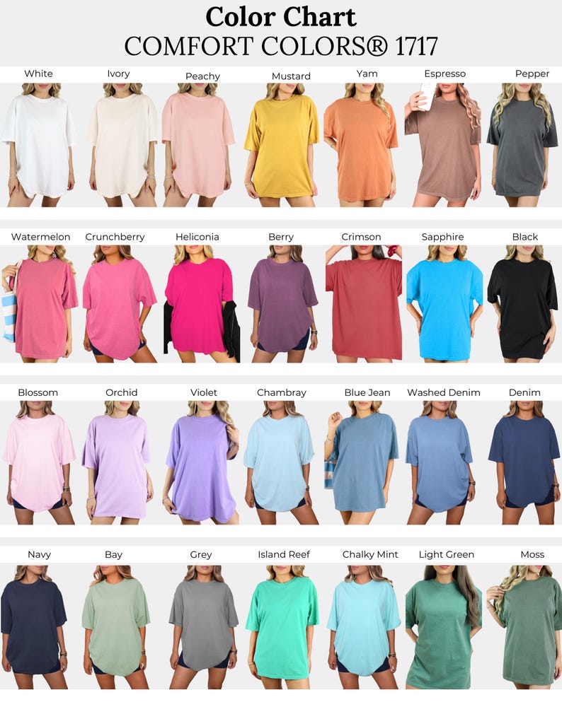 Op de afbeelding: Kleurenkaart met 24 verschillende kleuren T-shirts. De T-shirts zijn allemaal in dezelfde stijl, een loszittende, oversized T-shirt met korte mouwen. De kleuren zijn gerangschikt in vier rijen van zes kleuren. De kleuren zijn: Wit, Ivoor, Perzik, Mosterd, Yam, Espresso, Peper, Watermeloen, Framboos, Heliconia, Bes, Koraalrood, Saffier, Zwart, Bloesem, Orchidee, Violet, Chambray, Jeansblauw, Gewassen Denim, Denim, Marineblauw, Baai, Grijs, Eilandrif, Gekalkte Mint, Lichtgroen en Mos.