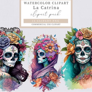 La catrina clipart, Watercolor La catrina clipart, Floral clipart, Sugar Skull PNG Bundle, Cute La Calavera clipart,