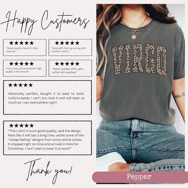 Może przedstawiać: Szary T-shirt z nadrukiem "Virgo" w panterkę. Koszulka jest pokazana na modelce w niebieskich dżinsach. Po lewej stronie obrazu znajdują się recenzje klient&oacute;w. Recenzje są wszystkie pozytywne i wspominają o jakości koszulki i wzorze.