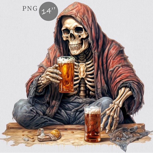 Skeleton drinking beer clipart, Halloween clipart, Skeleton clipart, watercolor clipart,  Funny clipart