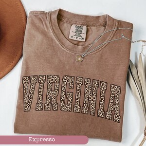 May include: A brown Comfort Colors t-shirt with the word "VIRGINIA" in a leopard print design. The shirt has a crew neck and short sleeves. A silver necklace with a small pendant is draped on the shirt.