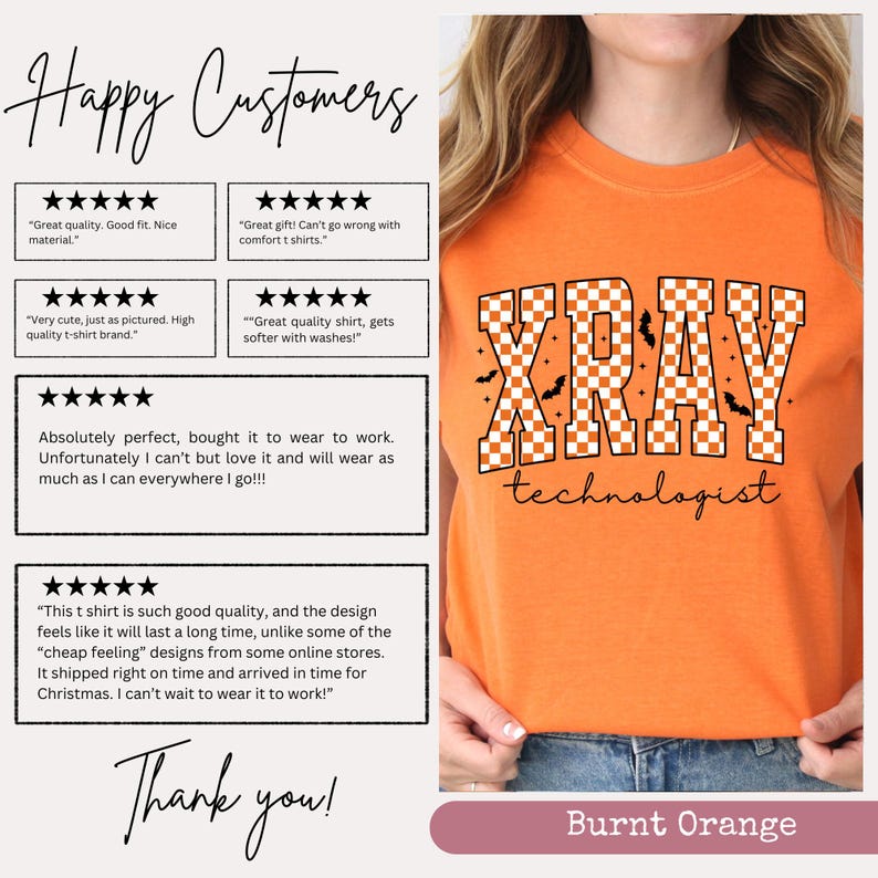 May include: Burnt orange t-shirt with the text "XRAY technologist" in a checkered pattern. The design includes small bat graphics. The shirt is a crew neck and has positive customer reviews displayed on the left.