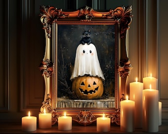 Ghost And Cat Wall Art, Halloween Wall Art, Matte Vertical Posters, Halloween Indoor Decoration, Ghost Wall Art, Ghost Poster