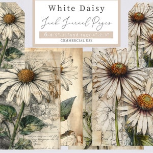 White daisy junk journal, Junk Journal Printable Papers, Scrapbooking Papers, Collage Sheets, Daisy Papers,