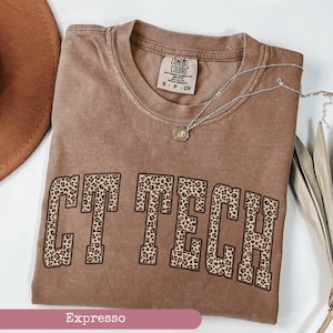 May include: A brown t-shirt with the text "CT TECH" in a leopard print design. The shirt has a crew neck and short sleeves. A silver necklace with a small pendant is draped across the shirt.
