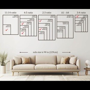May include: Diagram showing various picture frame sizes and ratios, including 11:14, 4:5, 2:3, A1-A4, and 3:4. Measurements are provided in inches and centimeters. A sofa, approximately 90 inches (229cm) wide, is shown below the diagrams.