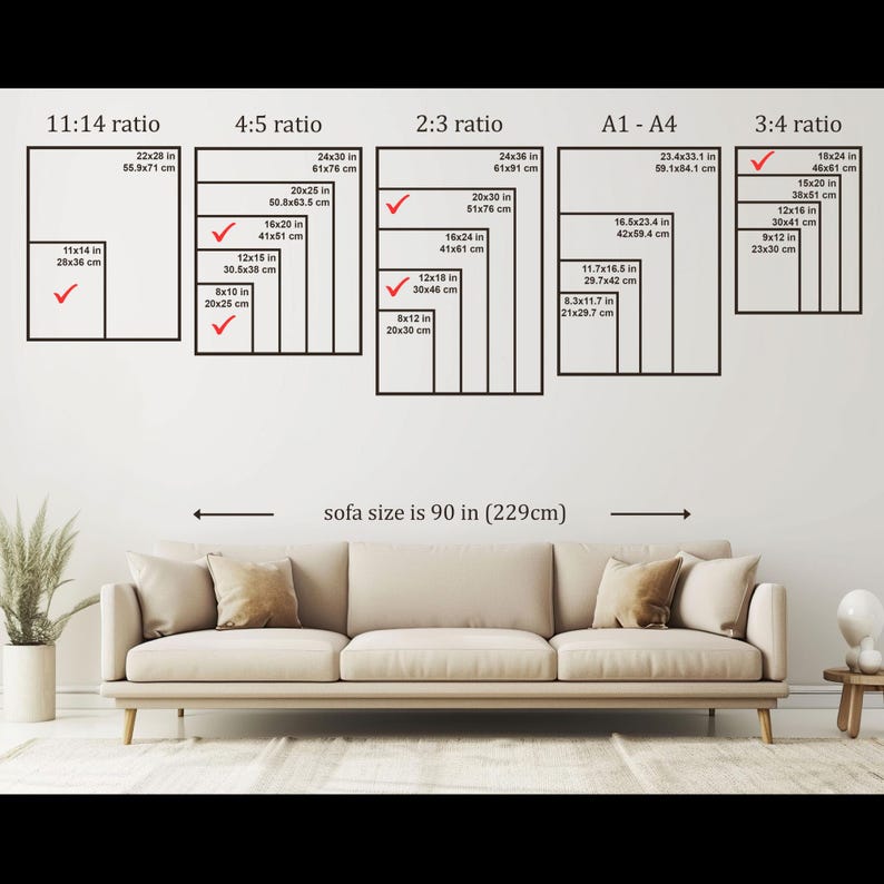 May include: Diagram showing various picture frame sizes and ratios, including 11:14, 4:5, 2:3, A1-A4, and 3:4. Measurements are provided in inches and centimeters. A sofa, approximately 90 inches (229cm) wide, is shown below the diagrams.