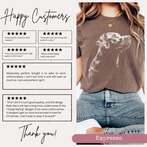 May include: A collage of customer reviews for a brown t-shirt with a white graphic of a dog's head. The reviews are positive and highlight the quality, comfort, and design of the shirt. The text "Happy Customers" and "Thank you!" are also included in the image.