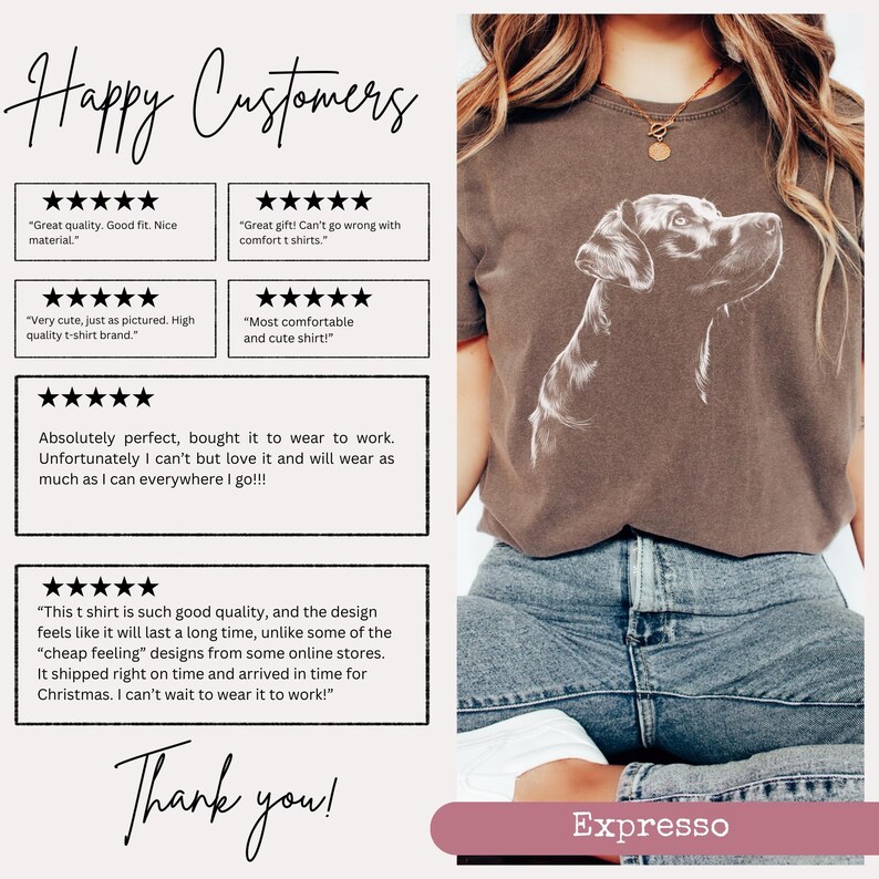 May include: A collage of customer reviews for a brown t-shirt with a white graphic of a dog's head. The reviews are positive and highlight the quality, comfort, and design of the shirt. The text "Happy Customers" and "Thank you!" are also included in the image.