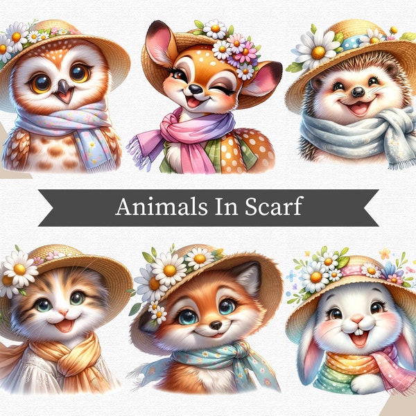 Animals in scarf clipart, Animals clipart, Spring clipart, Summer cipart, Watercolor clipart, Cute animals clipart