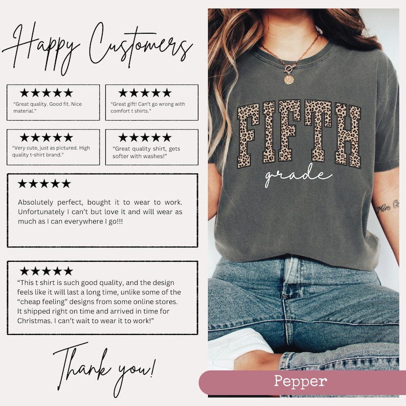 May include: A gray t-shirt with a leopard print design that says "FIFTH grade" in white text. The shirt is being worn by a person with blue jeans. The image includes customer reviews praising the quality and fit of the shirt.