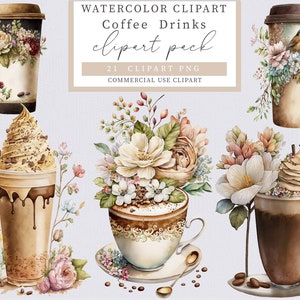 Coffee Clipart, Watercolor Coffee Clipart, Floral coffee clipart, Coffee drinks clipart, Vintage coffee, Coffee Sublimation,