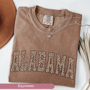 May include: A brown Comfort Colors t-shirt with the word "ALABAMA" in large, leopard print letters. A silver necklace with a small pendant rests on the shirt. The shirt is size S-P-CH.