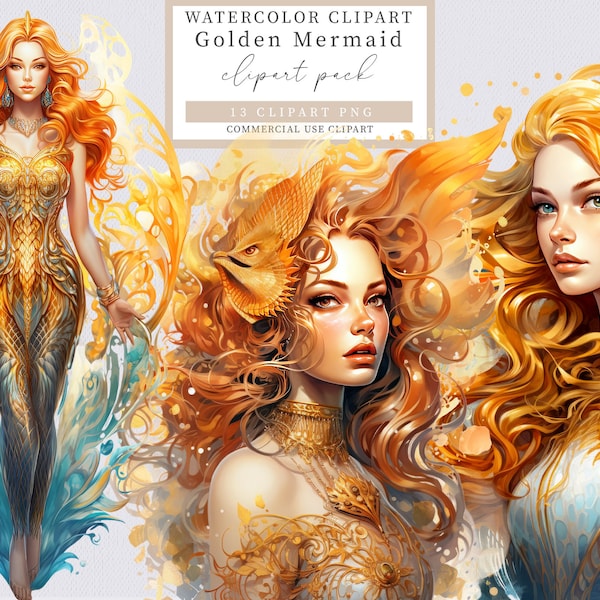 Golden Mermaid clipart, Mermaid clipart, Fantasy clipart, Magic clipart,
