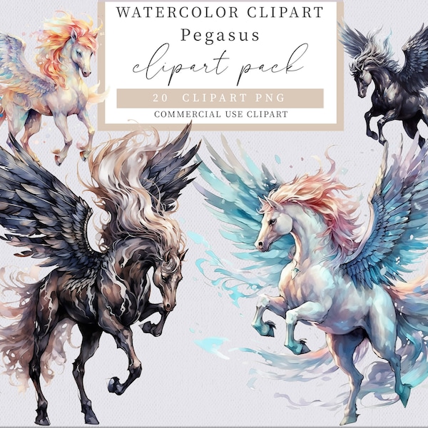 Pegasus clipart, Horse clipart, Animal clipart, Watercolor pegasus clipart, Fantasy clipart, Magic clipart,