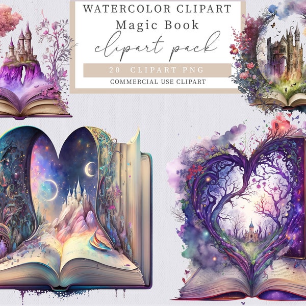 Magische boek clipart, Fantasy boek, aquarel magische boeken clipart, open boek illustraties, boek bundel clipart
