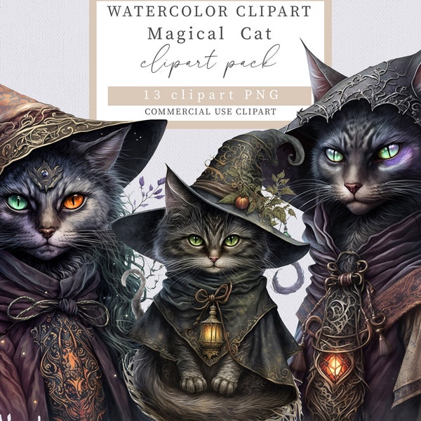 Magic cat clip art, Witch cat clip art,  Halloween clip art, Cat clip art, Witch clip art, Watercolor Witch Black Cat,