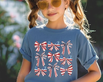 Comfort Colors®, USA Bow Kids Shirt, Coquette America Bow Shirt for July 4th, Memorial Day Shirt, USA Shirt,  Patriotic Bow Kids Shirt