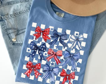 Comfort Colors, USA Bow Shirt , Coquette America Bow Shirt for July 4th, Memorial Day Shirt, USA Shirt, Election Shirt, Patriotic Bow Shirt