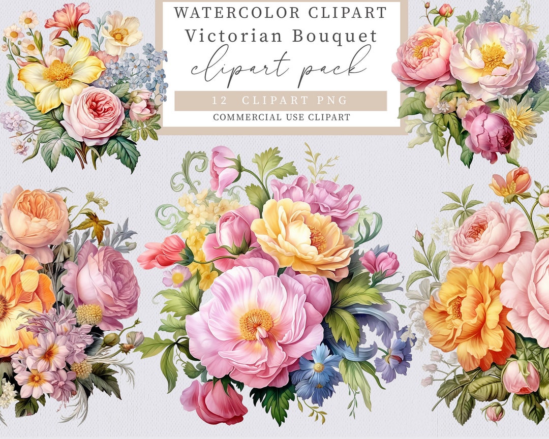 Victorian Bouquet Clipart, Watercolor Victorian Flowers Clipart ...