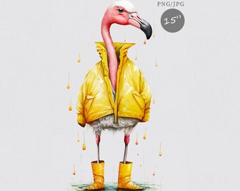 Flamingo clipart, Raincoat  clipart, Full clipart, Autumn clipart, Spring clipart, Rein clipart, Watercolor clipart