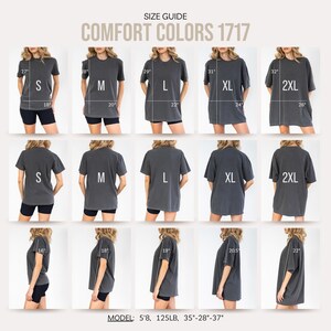 Op de afbeelding: Maattabel voor Comfort Colors 1717 T-shirts, met de afmetingen van elke maat van S tot 2XL. Het model is 1,73 m lang en draagt een zwart T-shirt.