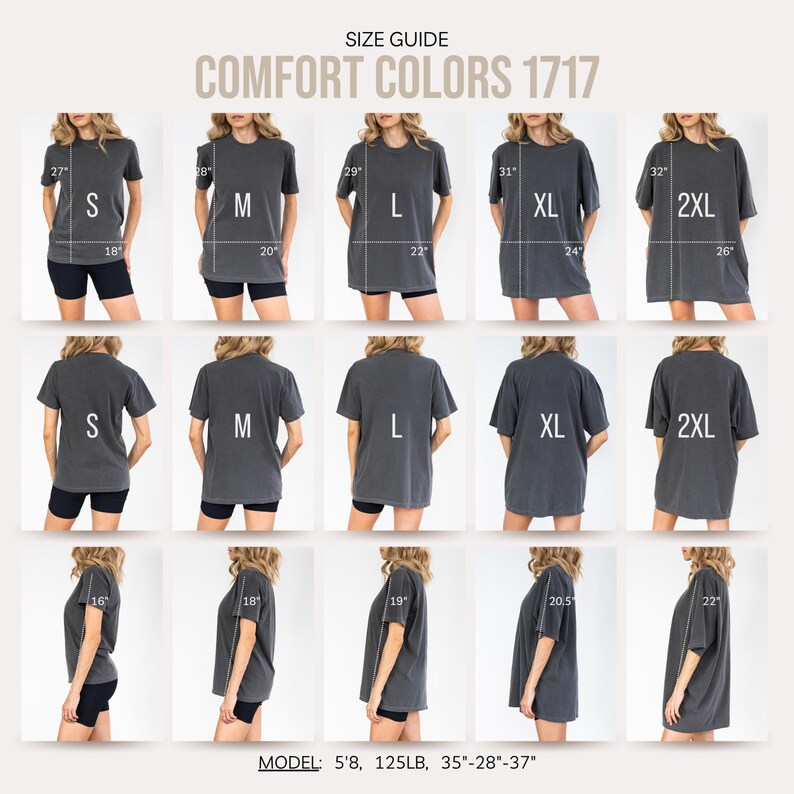 Op de afbeelding: Maattabel voor Comfort Colors 1717 T-shirts, met de afmetingen van elke maat van S tot 2XL. Het model is 1,73 m lang en draagt een zwart T-shirt.