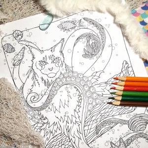 以下が含まれることがあります： 猫がタコのような尻尾を持つ、白黒の塗り絵。猫は鋭い表情をしていて、タコの尻尾は猫の体に巻き付いている。背景には泡とヒトデがある。