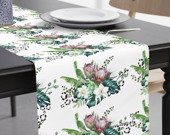 South African Protea Table Runner, Tropical Floral Table Linen, Elegant African Home Decor, Protea Orchid Leopard Print Decor, SAFFA Gift