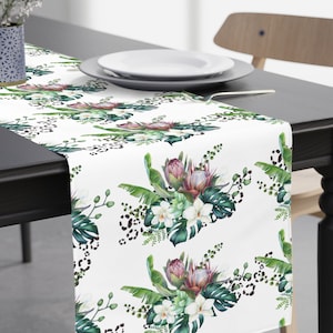 South African Protea Table Runner, Tropical Floral Table Linen, Elegant African Home Decor, Protea Orchid Leopard Print Decor, SAFFA Gift