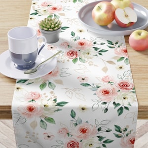 Rose Table Runner, Pink+Gold Floral Dining Table Linen, Shabby Chic Spring Easter Home Decor, Elegant Housewarming Mother's Day Gift,90"x16"