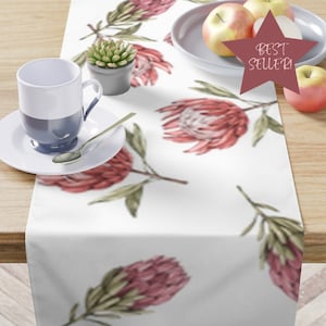 South African Protea Table Runner,  Tropical Floral Dining Table Linens,  Boho Home Decor, Mother&#39;s Day or Housewarming Gift, 90&#39;&#39; × 16&#39;&#39;