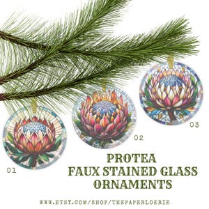 King Protea Faux Stained Glass Ornament South Africa Floral Fynbos Christmas Decor Plant Lover Protea Gift Stocking Stuffer Printed Glass